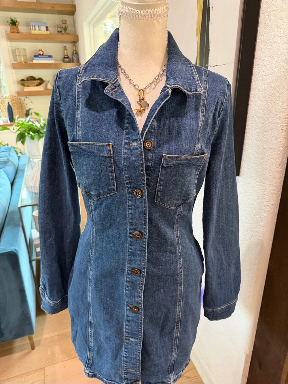 Zara Dark Blue Denim Button-Front Shirt Dress Size Small Cotton - Picture 2 of 12